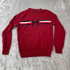 Tommy Hilfiger Mens Small Burgundy Red Striped Crewneck Logo Knit Sweater S/P